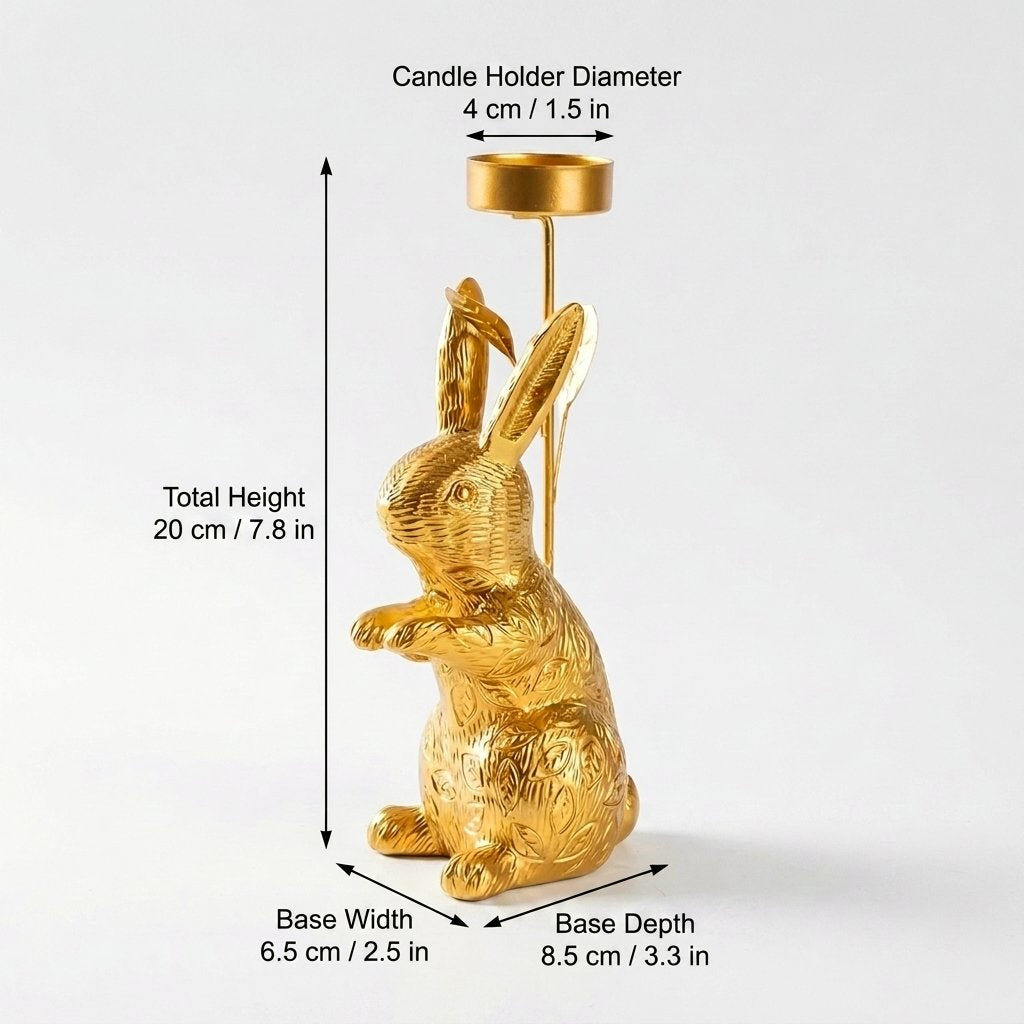 Standing rabbit candle holder dimensions: 20cm/7.8in tall, 4cm cup, 6.5x8.5cm base
