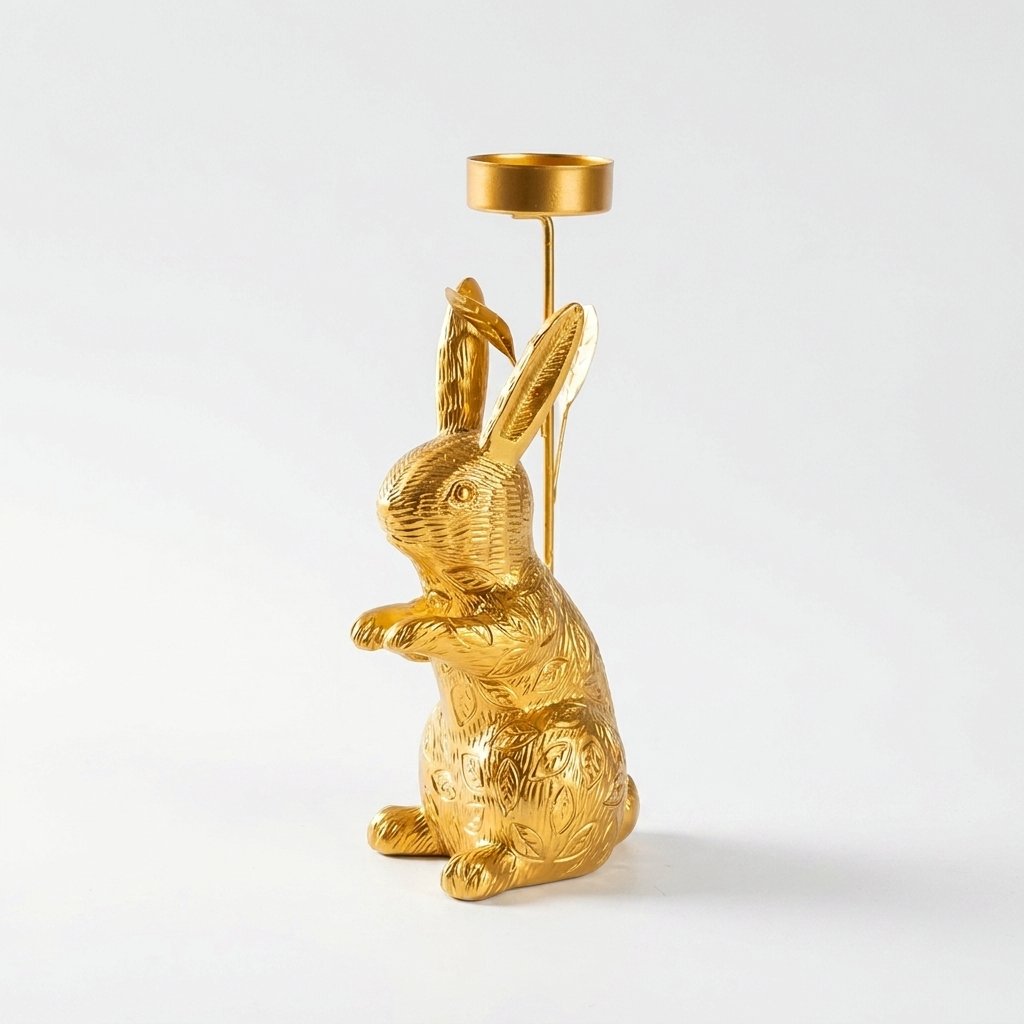 Standing gold rabbit candle holder with tealight cup on tall stem