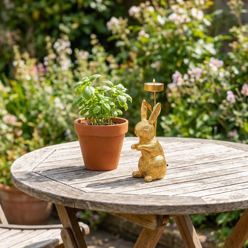 Gold standing rabbit candle holder on outdoor garden table beside potted basil