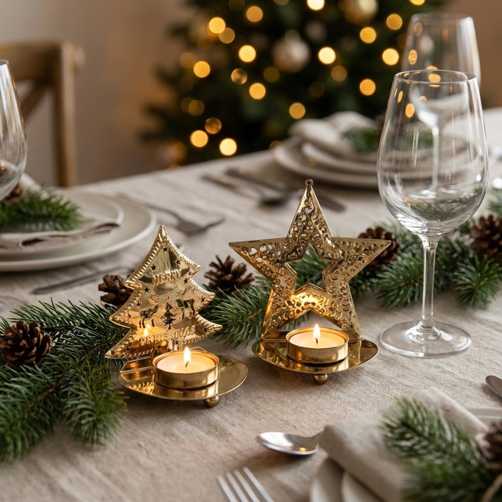 Gold-plated tree-shaped and star-shaped tealight candle holders with lit candles on a dining table with pine sprigs and a lit Christmas tree in the background
