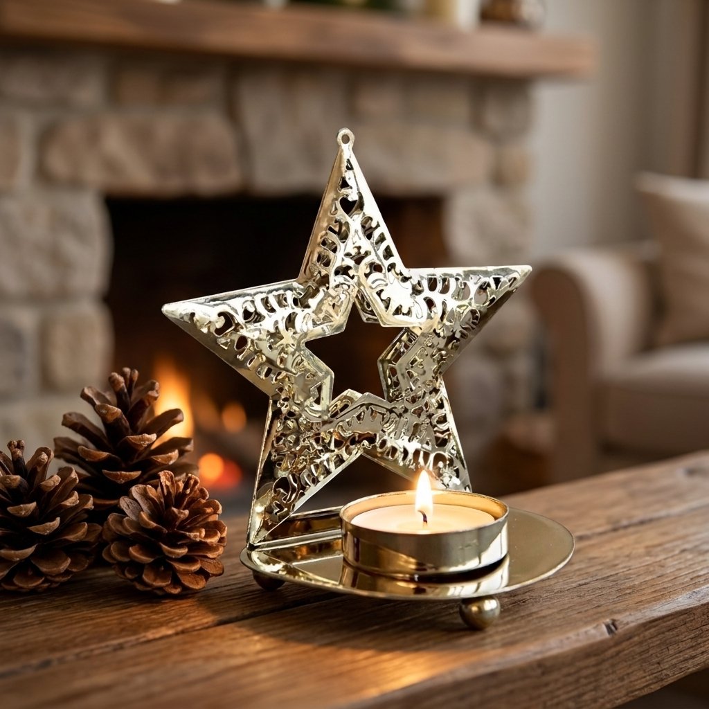 Gold-plated star-shaped tealight candle holder with a lit candle on a coffee table in front of a lit fireplace