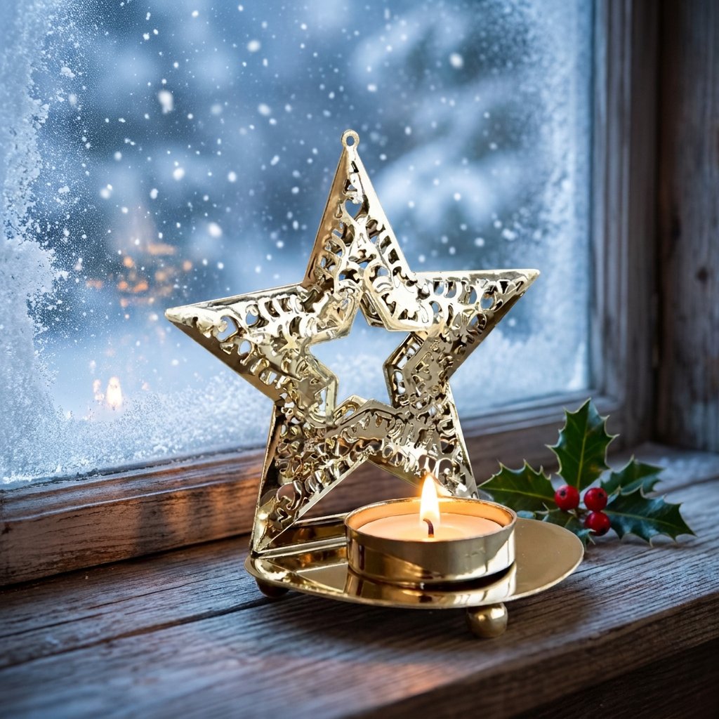 Gold-plated star-shaped tealight candle holder with a lit candle on a snow-dusted windowsill with holly berries