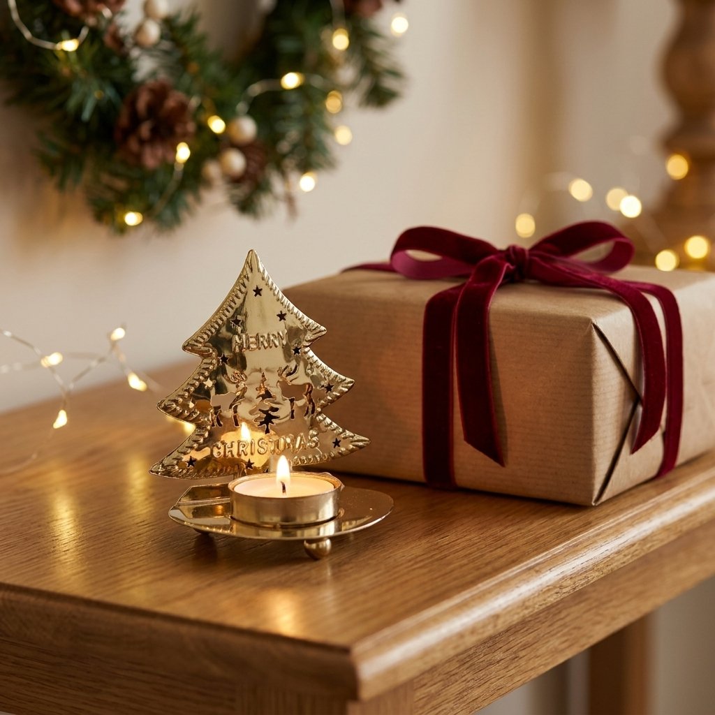 Gold-plated tree-shaped tealight candle holder with a lit candle on a console table beside a wrapped gift and pine wreath