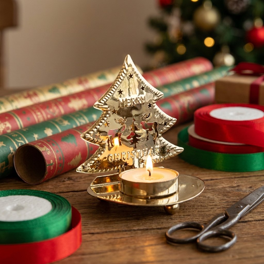 Gold-plated tree-shaped tealight candle holder with a lit candle on a gift-wrapping station with wrapping paper and ribbon