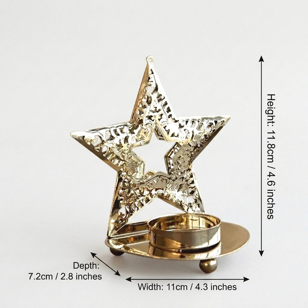 Gold-plated star-shaped tealight candle holder on a plain background with measurements marked: height 4.6 inches, width 4.3 inches, depth 2.8 inches