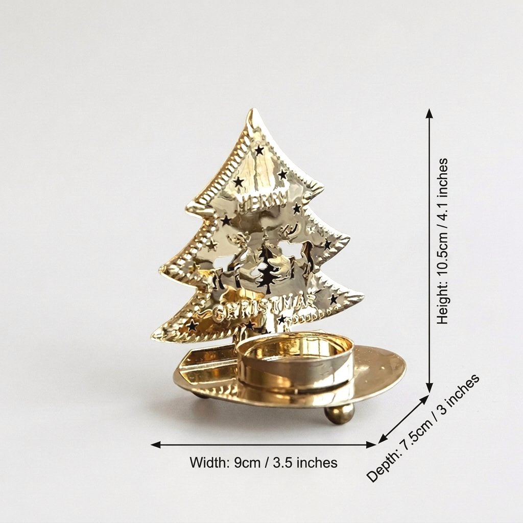 Gold-plated tree-shaped tealight candle holder on a plain background with measurements marked: height 4.1 inches, width 3.5 inches, depth 3 inches