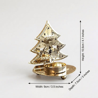 Gold-plated tree-shaped tealight candle holder on a plain background with measurements marked: height 4.1 inches, width 3.5 inches, depth 3 inches