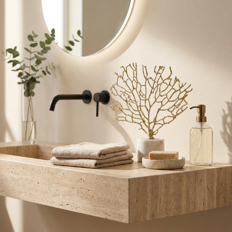 Gold coral sculpture in white vase on bathroom counter