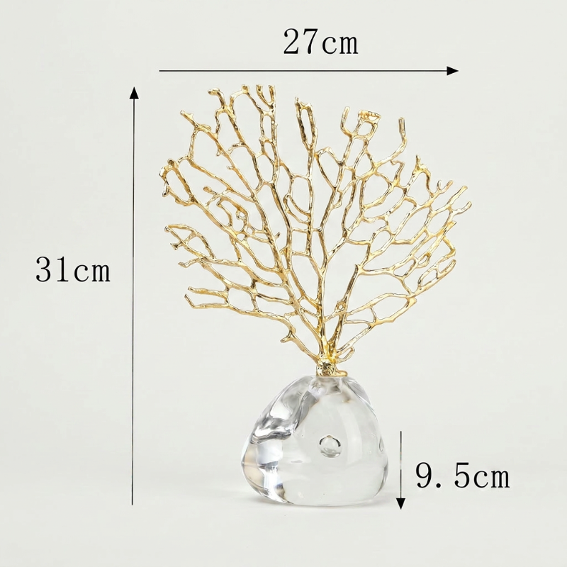 Gold coral sculpture dimensions graphic  on white background