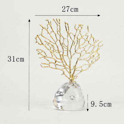 Gold coral sculpture dimensions graphic  on white background