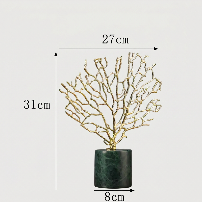 Gold coral sculpture dimensions graphic  on white background