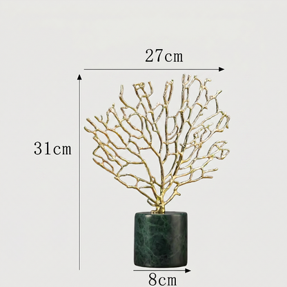 Gold coral sculpture dimensions graphic  on white background