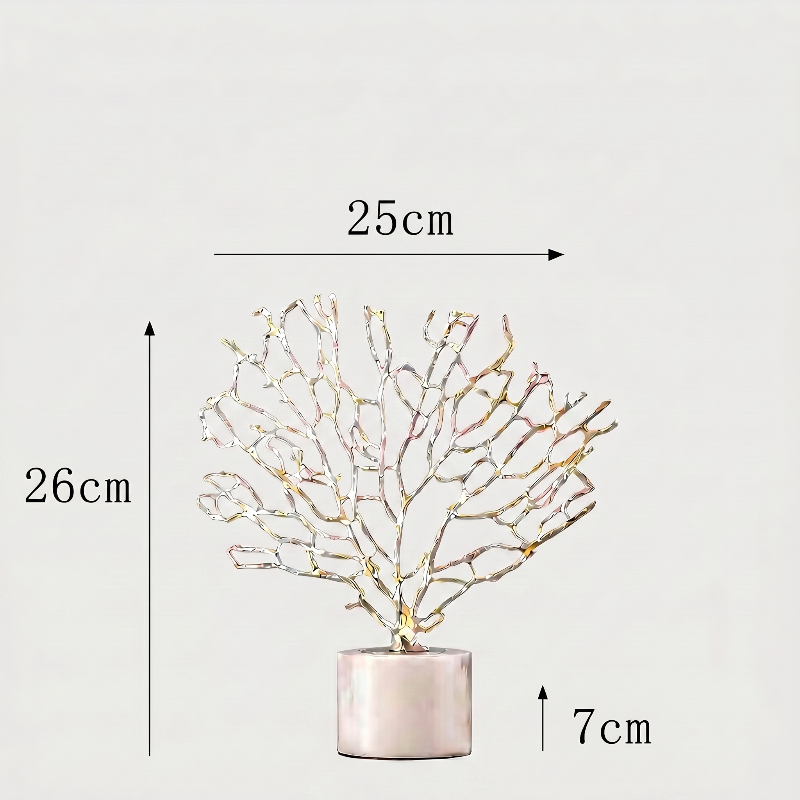 Gold coral sculpture dimensions graphic  on white background