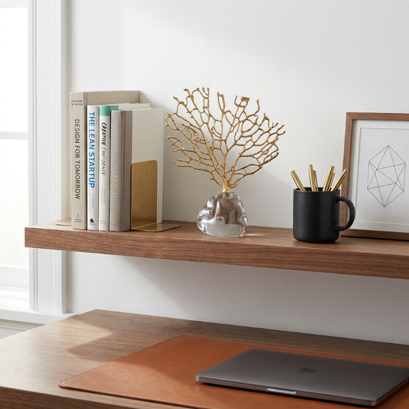 Gold coral sculpture on desk in bright workspace