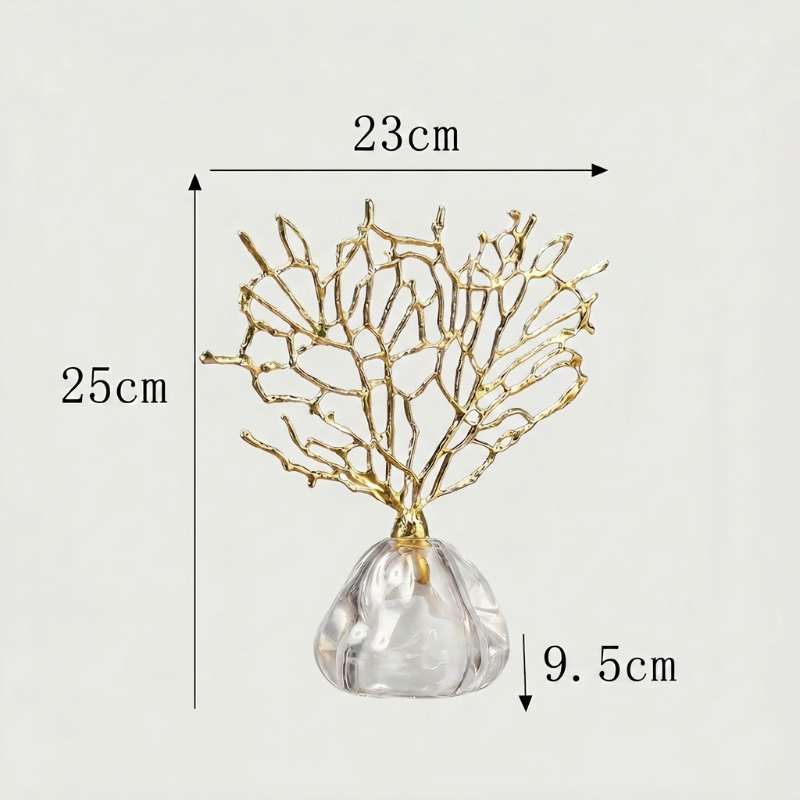 Gold coral sculpture dimensions graphic  on white background