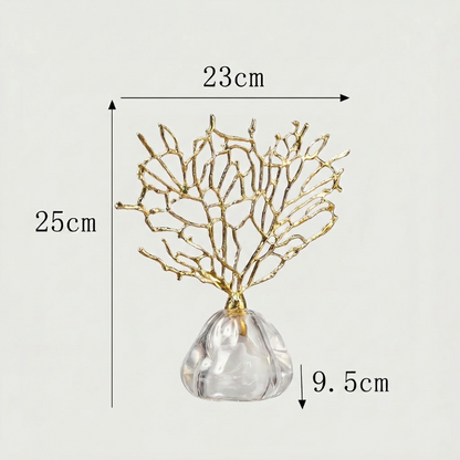 Gold coral sculpture dimensions graphic  on white background