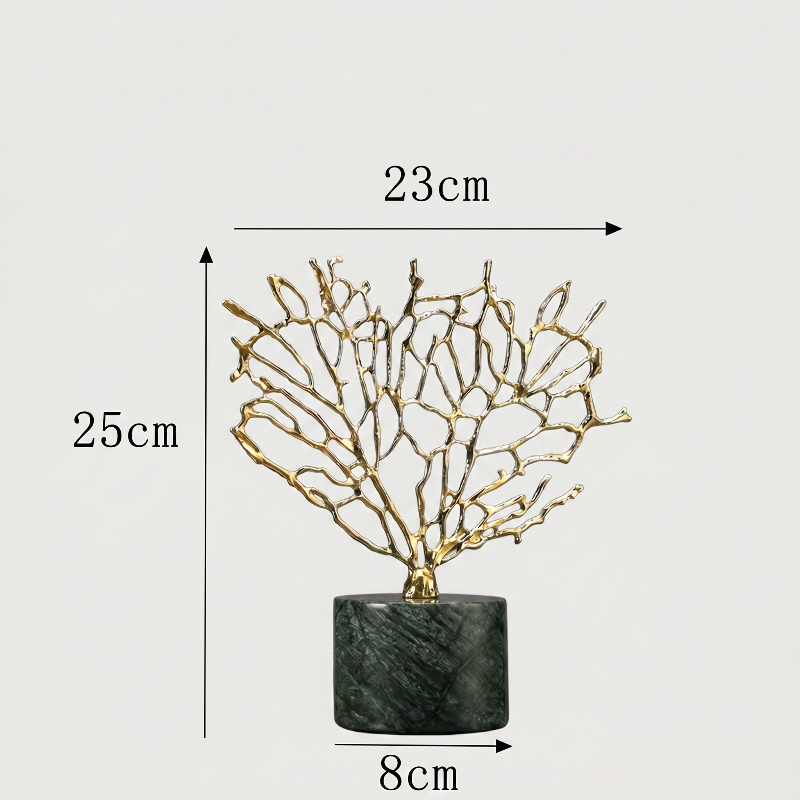Gold coral sculpture dimensions graphic  on white background