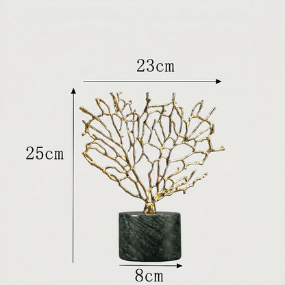 Gold coral sculpture dimensions graphic  on white background
