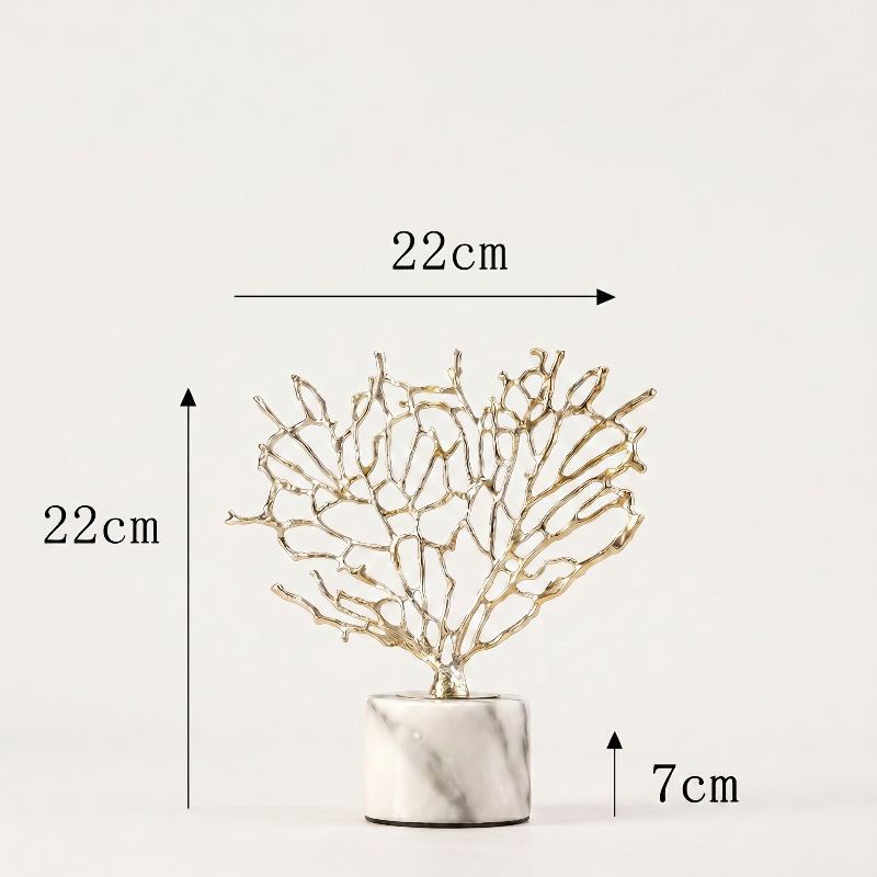 Gold coral sculpture dimensions graphic  on white background