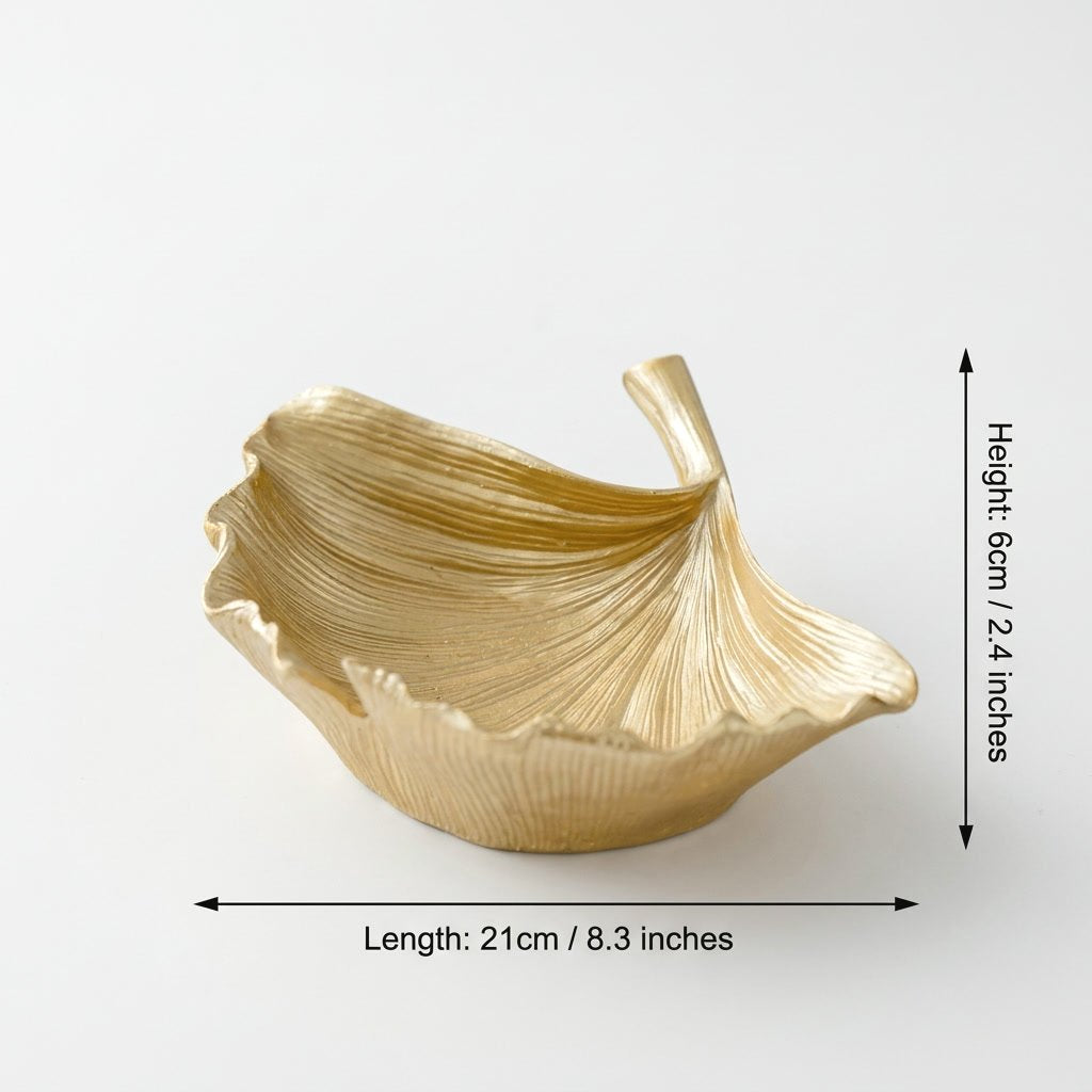 Gold ginkgo leaf tray dimensions: 8.3in/21cm length, 2.4in/6cm height