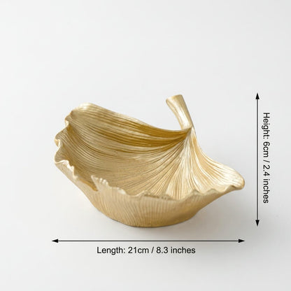 Gold ginkgo leaf tray dimensions: 8.3in/21cm length, 2.4in/6cm height