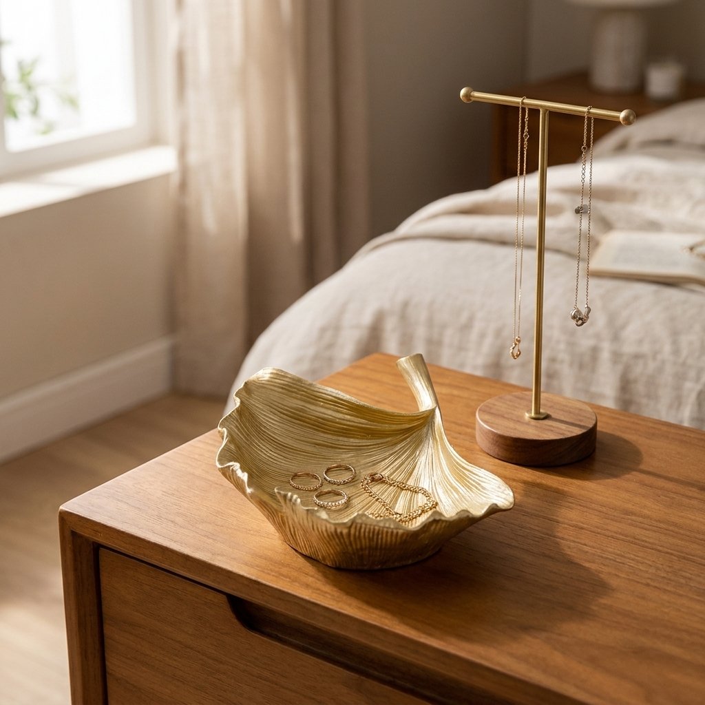 Gold ginkgo leaf tray holding rings and a bracelet on a nightstand beside a jewelry stand