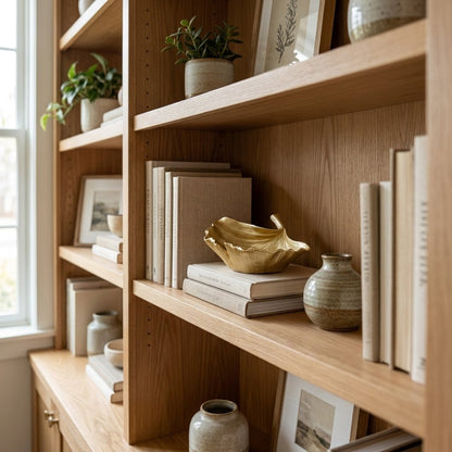 Empty gold ginkgo leaf tray styled on a bookshelf among books and potted plants