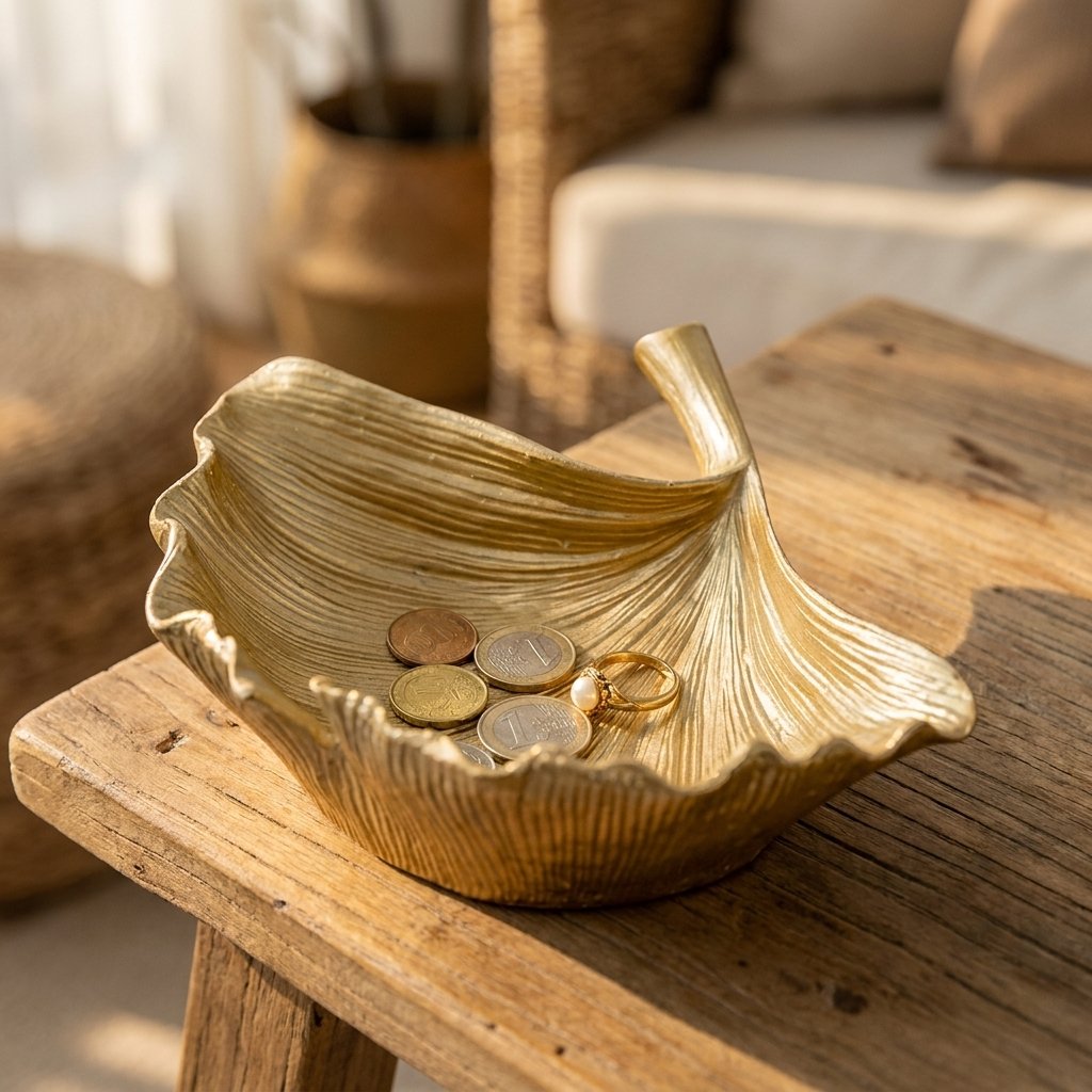 Gold ginkgo leaf tray holding coins and a ring on an outdoor side table
