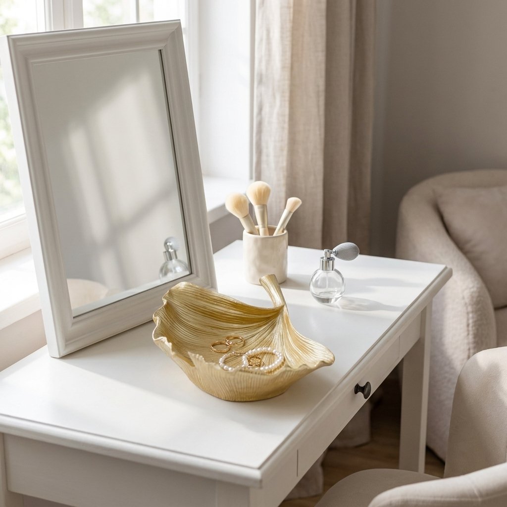 Gold ginkgo leaf tray holding rings and a bracelet on a vanity desk beside a mirror