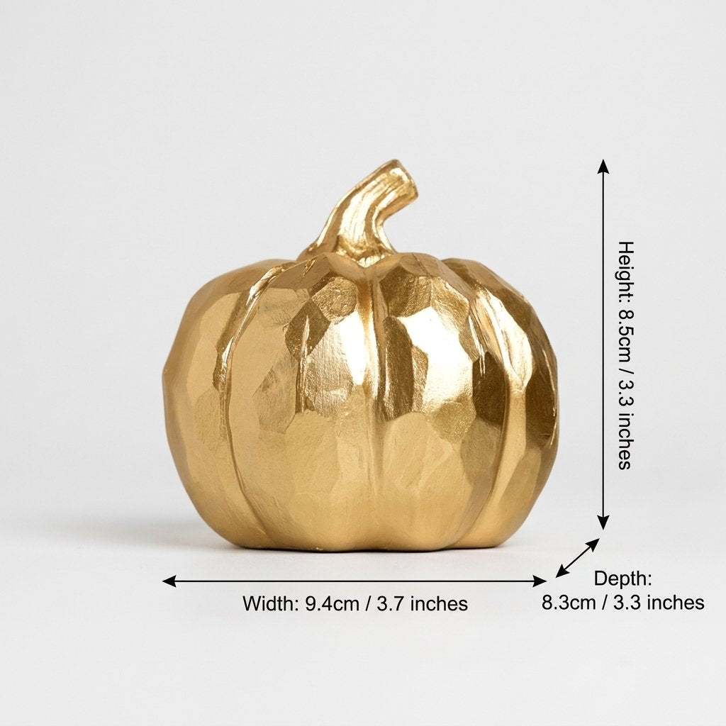 Gold faceted pumpkin on a plain background with measurements marked: height 3.3 inches, width 3.7 inches, depth 3.3 inches