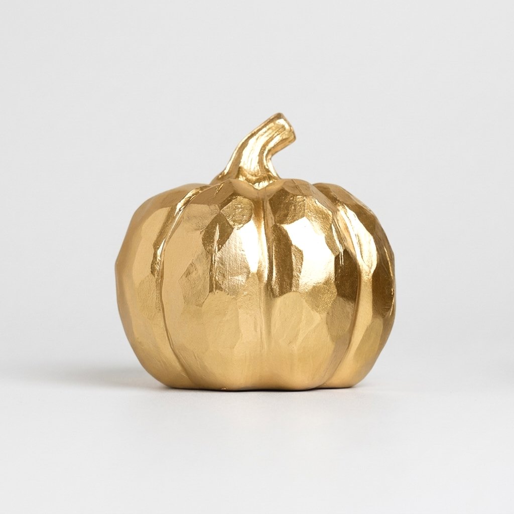 Small gold faceted decorative pumpkin on a plain light background