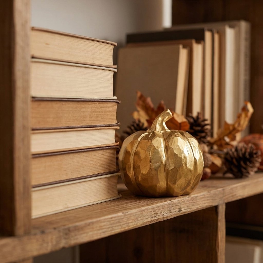 Gold faceted pumpkin on a wood bookshelf beside a stack of books, pinecones, and faux fall leaves