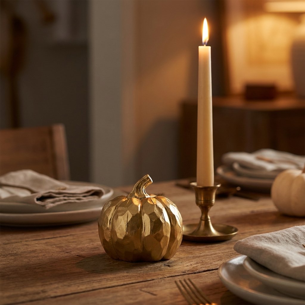 Gold faceted pumpkin on a set dining table in front of a lit taper candle in a brass candlestick