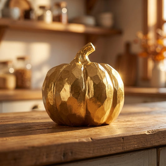 Small gold faceted ceramic pumpkin on a rustic wood kitchen counter with a sunlit window and jars in the background