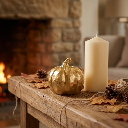 Gold faceted pumpkin on a wood mantel beside an unlit cream pillar candle, pinecones, and fall leaves, with a lit stone fireplace behind