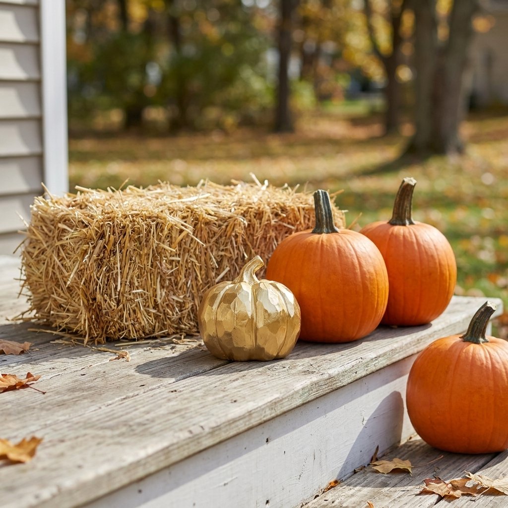 Gold faceted pumpkin grouped with three orange pumpkins and fallen leaves on wood porch steps with a hay bale and autumn trees