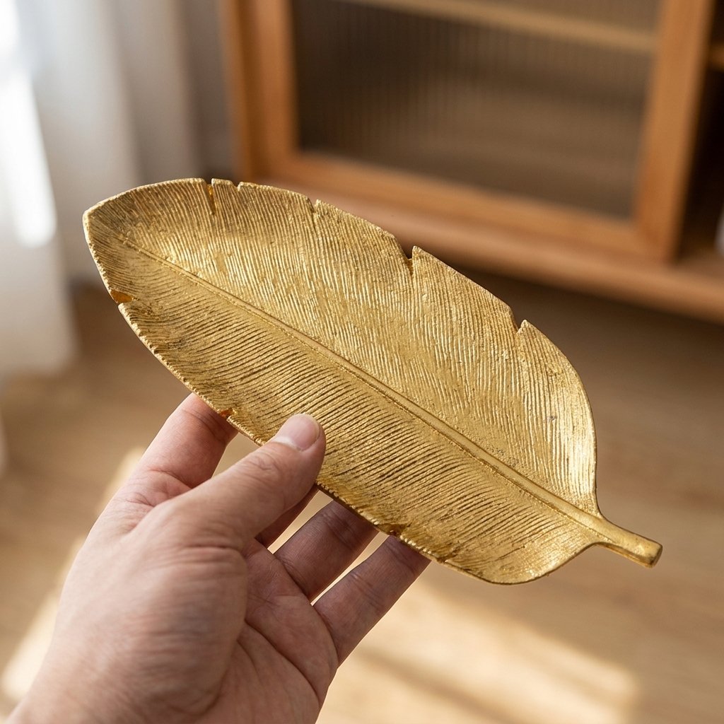 Gold leaf tray held in a hand showing its etched leaf-vein texture and size