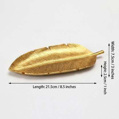 Gold leaf tray dimensions: 8.5in/21.5cm length, 3in/7.5cm width, 1in/2.5cm height
