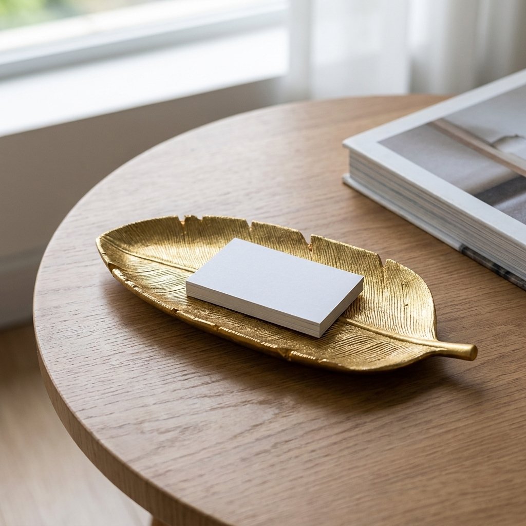 Gold leaf tray holding a stack of business cards on a round wood side table
