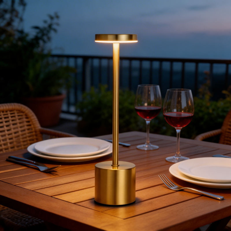 Luca touch table lamp in gold on outdoor dining table at dusk