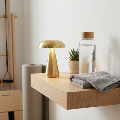 Metallic mushroom table lamp in gold on side table in neutral bedroom