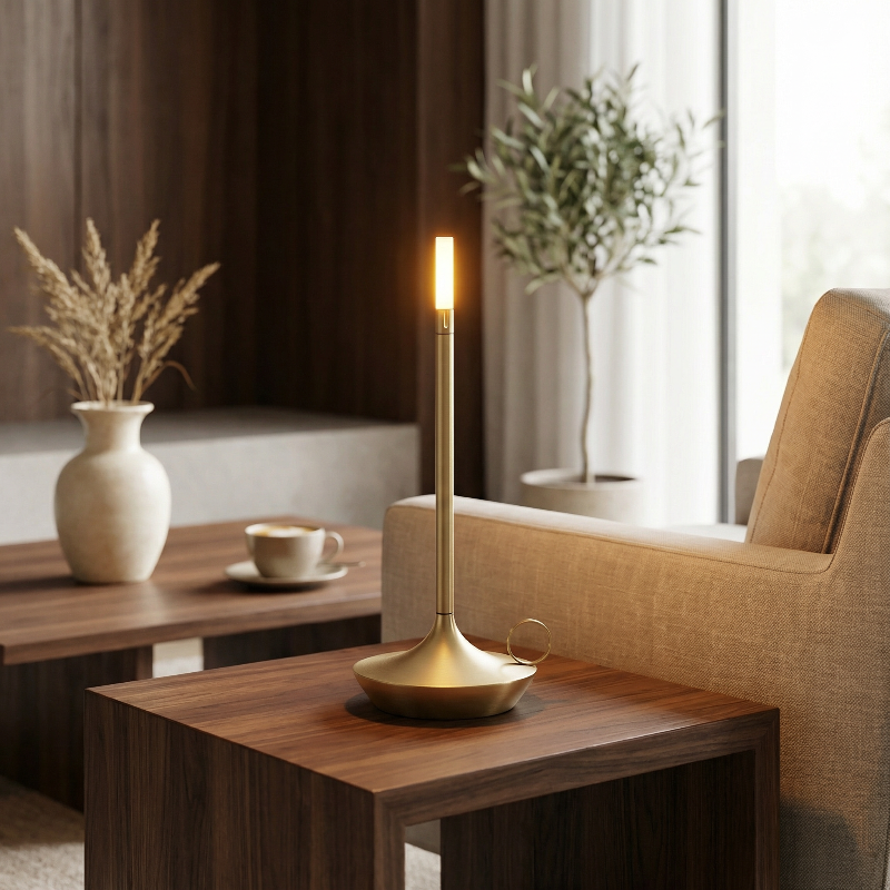 Gold candlestick on a wooden table with a cup and vase in a cozy living room.