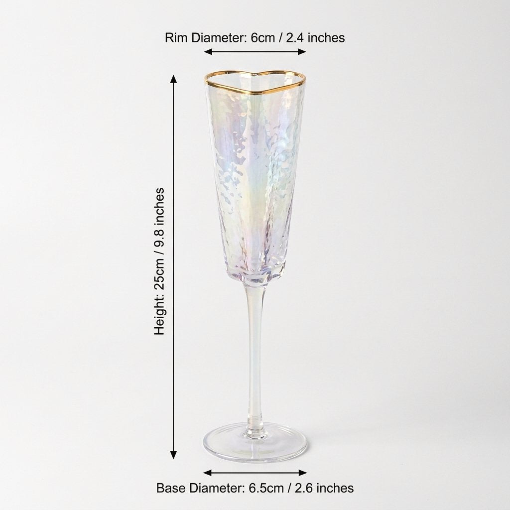 Gold-rim heart champagne flute dimensions: 9.8in/25cm height, 2.4in/6cm rim diameter, 2.6in/6.5cm base diameter