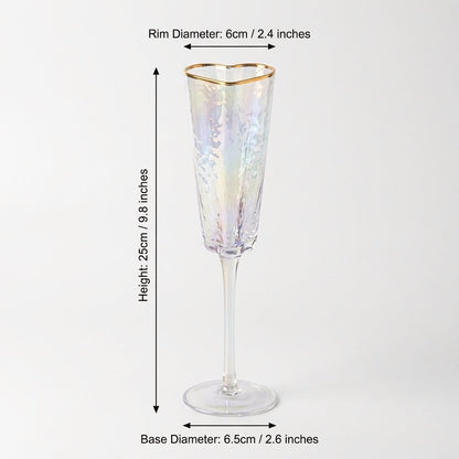 Gold-rim heart champagne flute dimensions: 9.8in/25cm height, 2.4in/6cm rim diameter, 2.6in/6.5cm base diameter