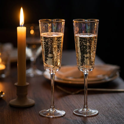 Two filled gold-rim heart champagne flutes on a candlelit dinner table