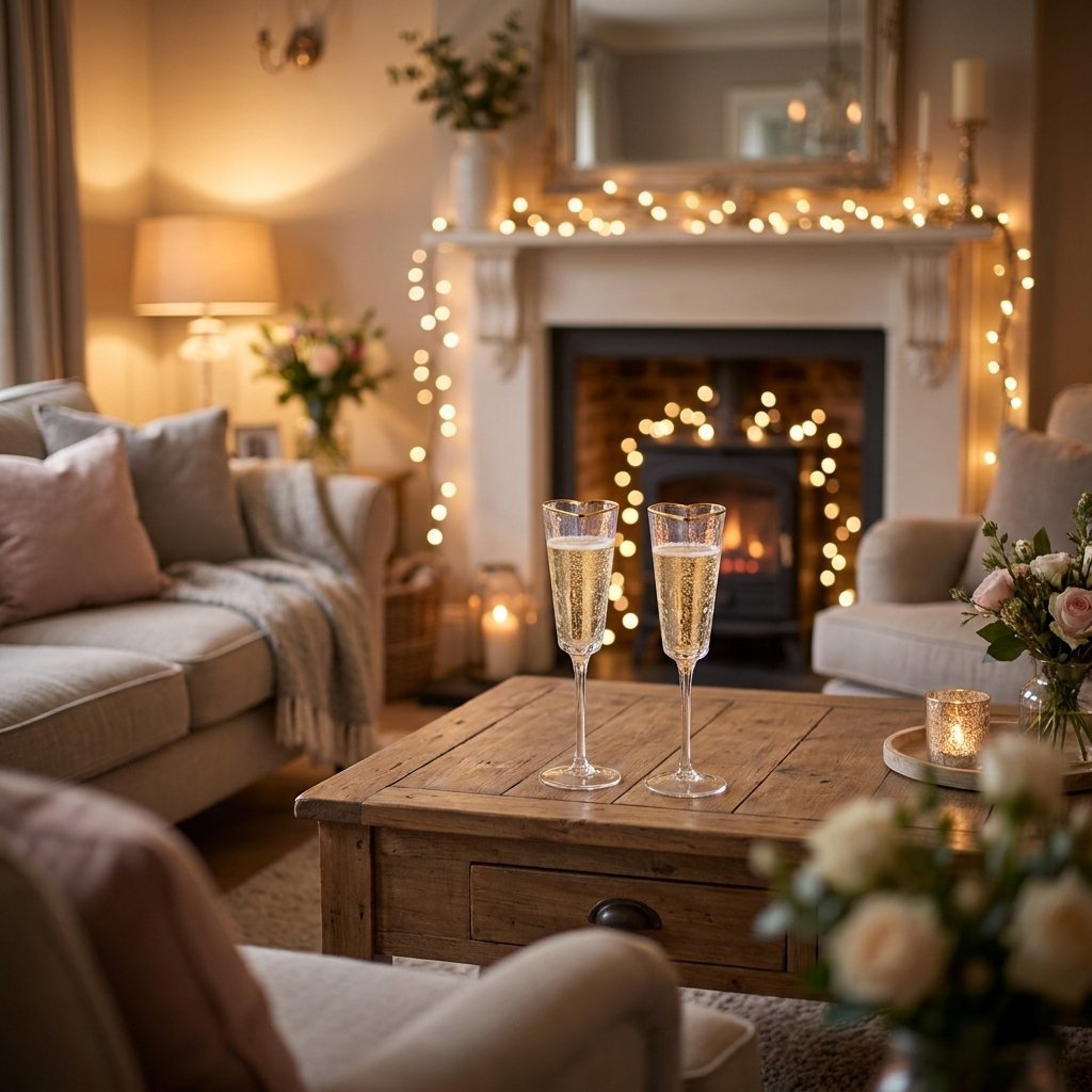 Two filled gold-rim heart champagne flutes on a coffee table beside a lit fireplace