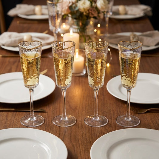 Four gold-rim heart champagne flutes filled with champagne on a formal dinner table with candles and flowers