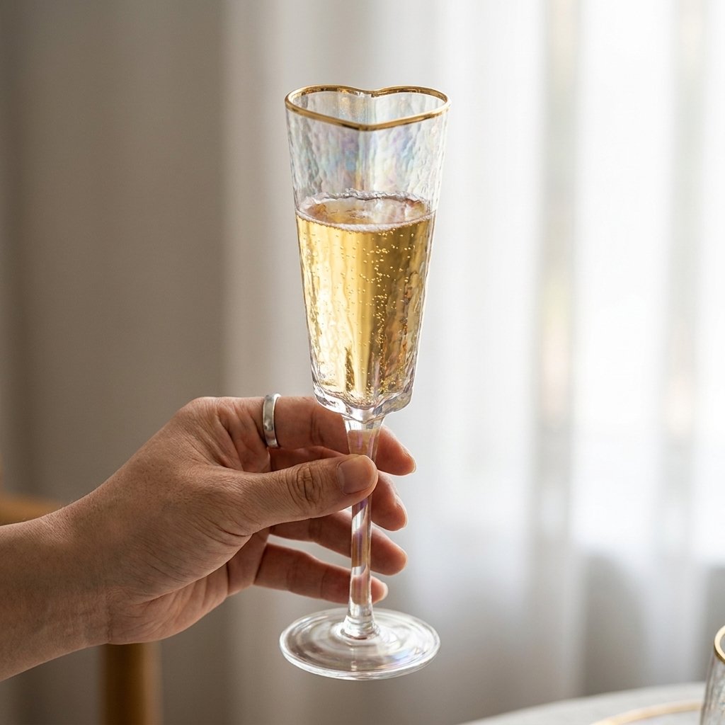 Hand holding a filled gold-rim heart champagne flute against sheer curtains