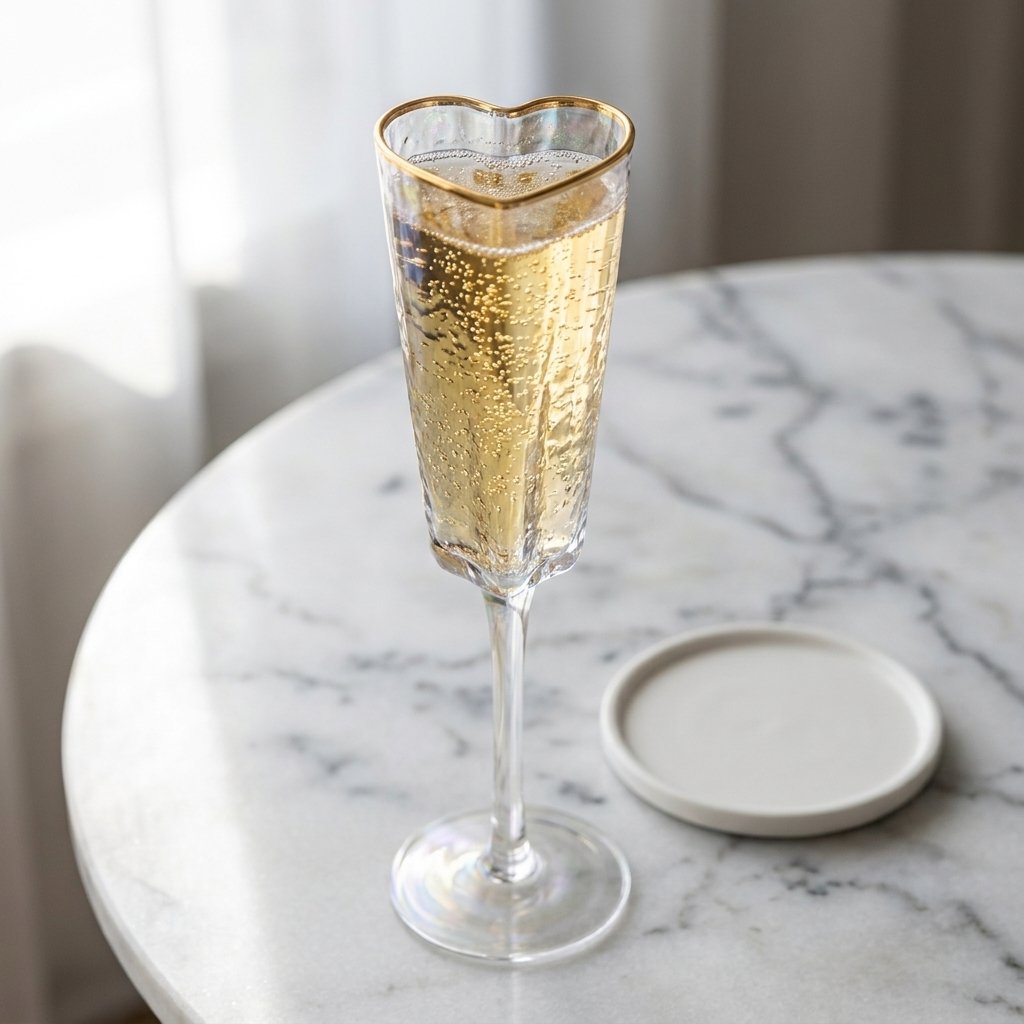 Gold-rim heart champagne flute on a marble side table beside a stone coaster
