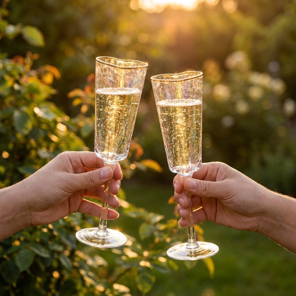 Two hands toasting with gold-rim heart champagne flutes outdoors at golden hour